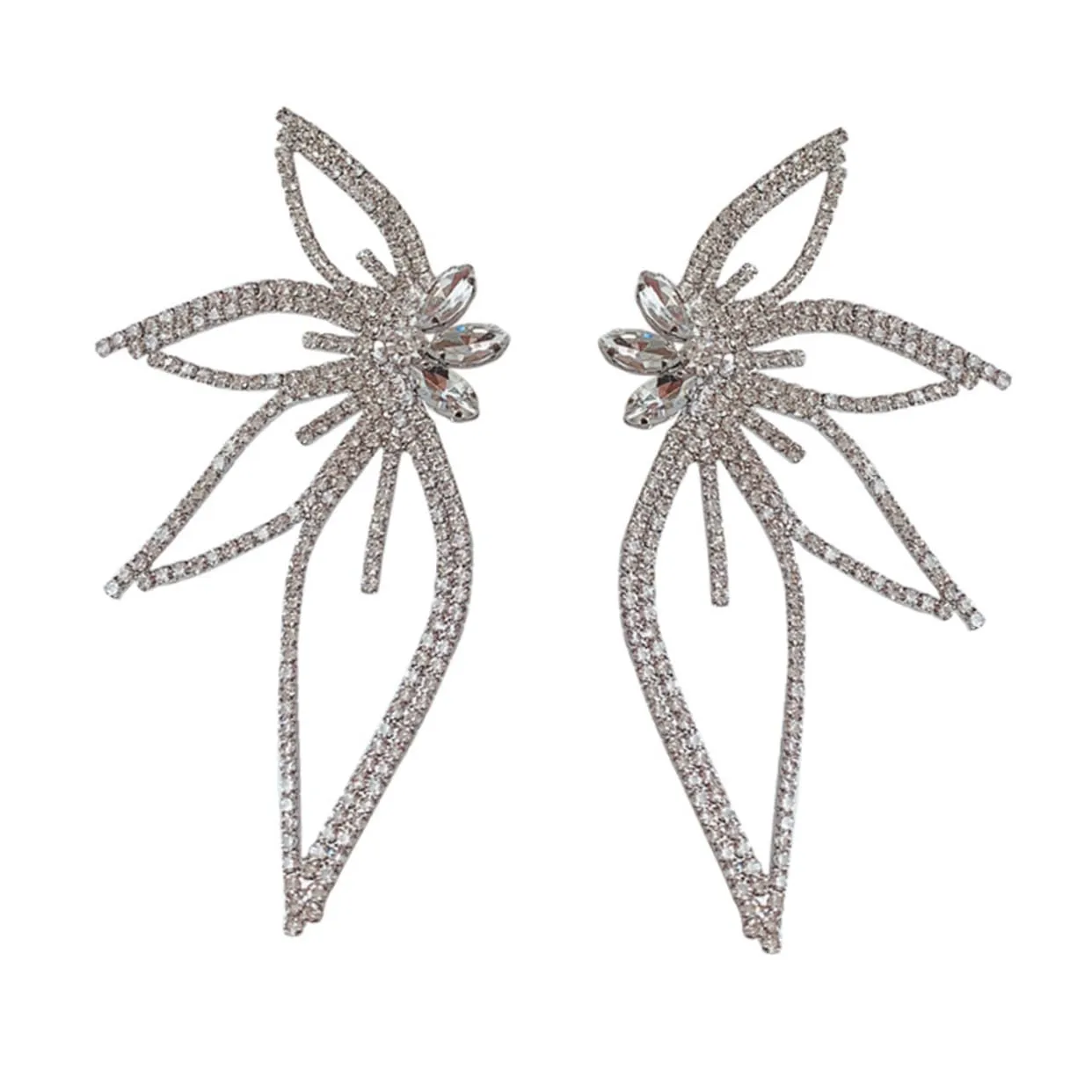 1 Pair Exaggerated Hollow Butterfly Wings Clip Earrings for Women Rhinestone Embellished Floral Design for Dress Up Parties and Everyday Wear