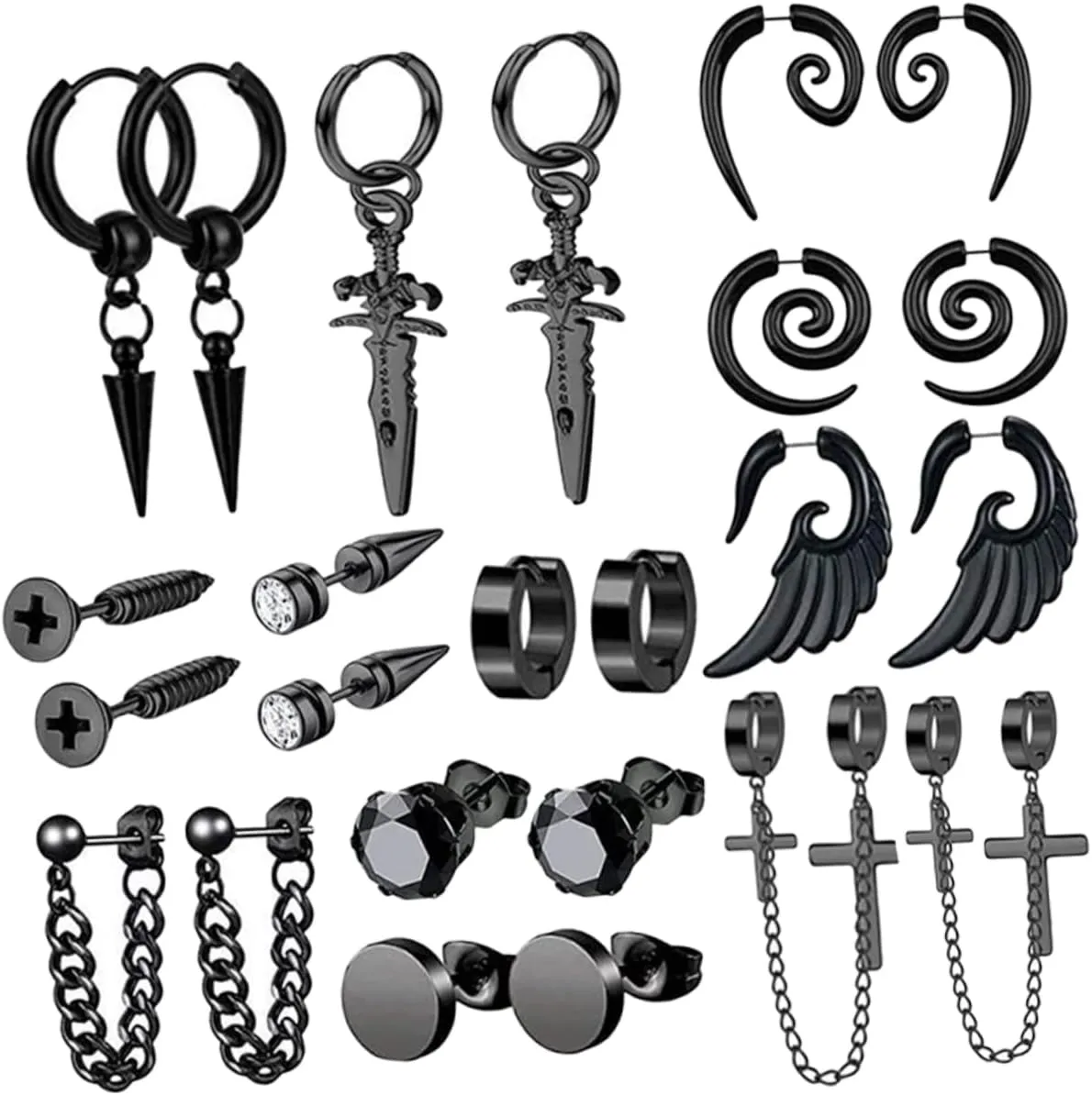 12Pairs Earrings Set for Men Dangle and Hoop Styles Cool Punk and Hip for Various Occasions Like Graduation Birthdays and Holidays