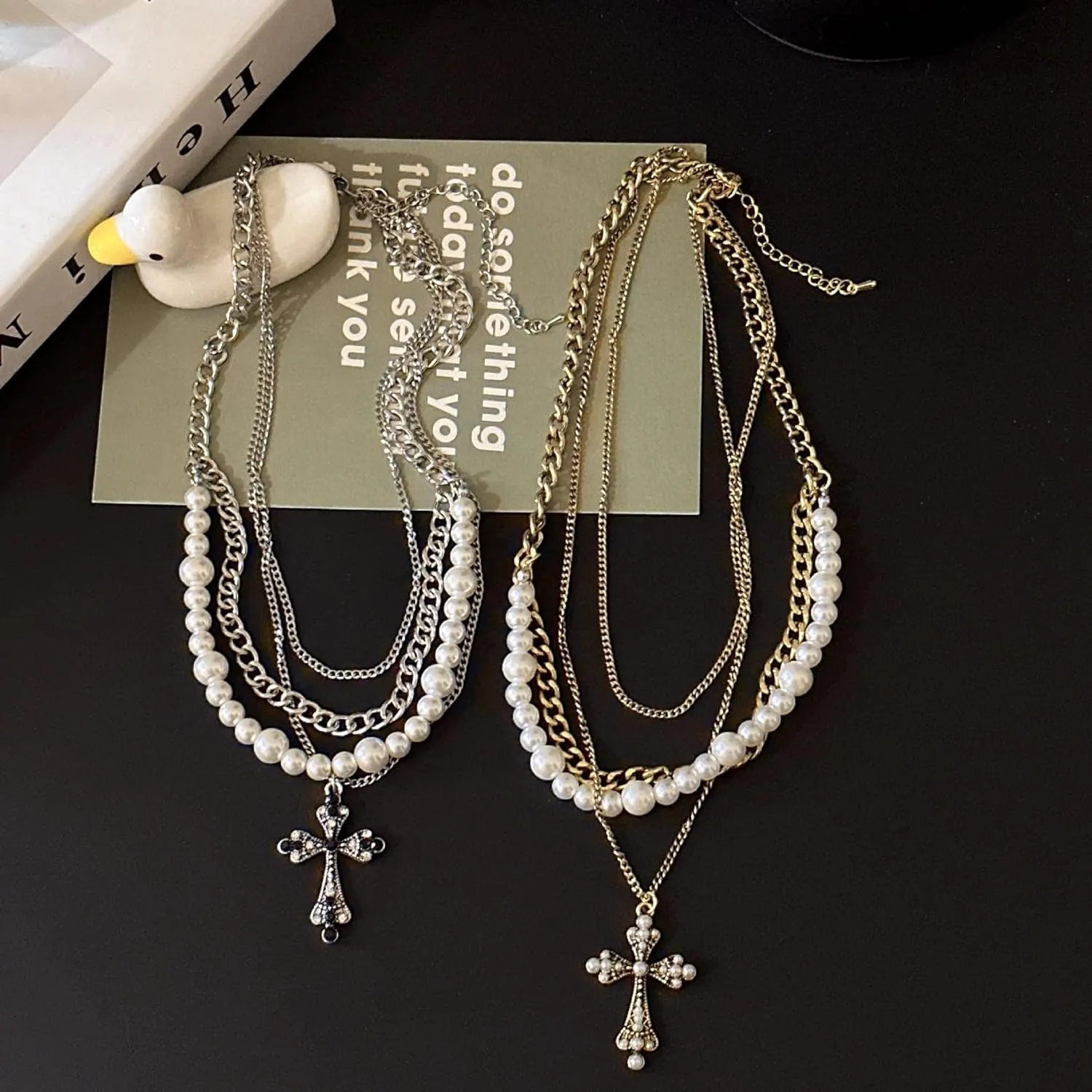 14K Gold Plated Cross Necklace Layering Necklaces, Silver pearl Cross Pendant Choker Necklaces for Women