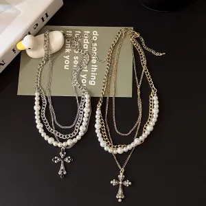 14K Gold Plated Cross Necklace Layering Necklaces, Silver pearl Cross Pendant Choker Necklaces for Women