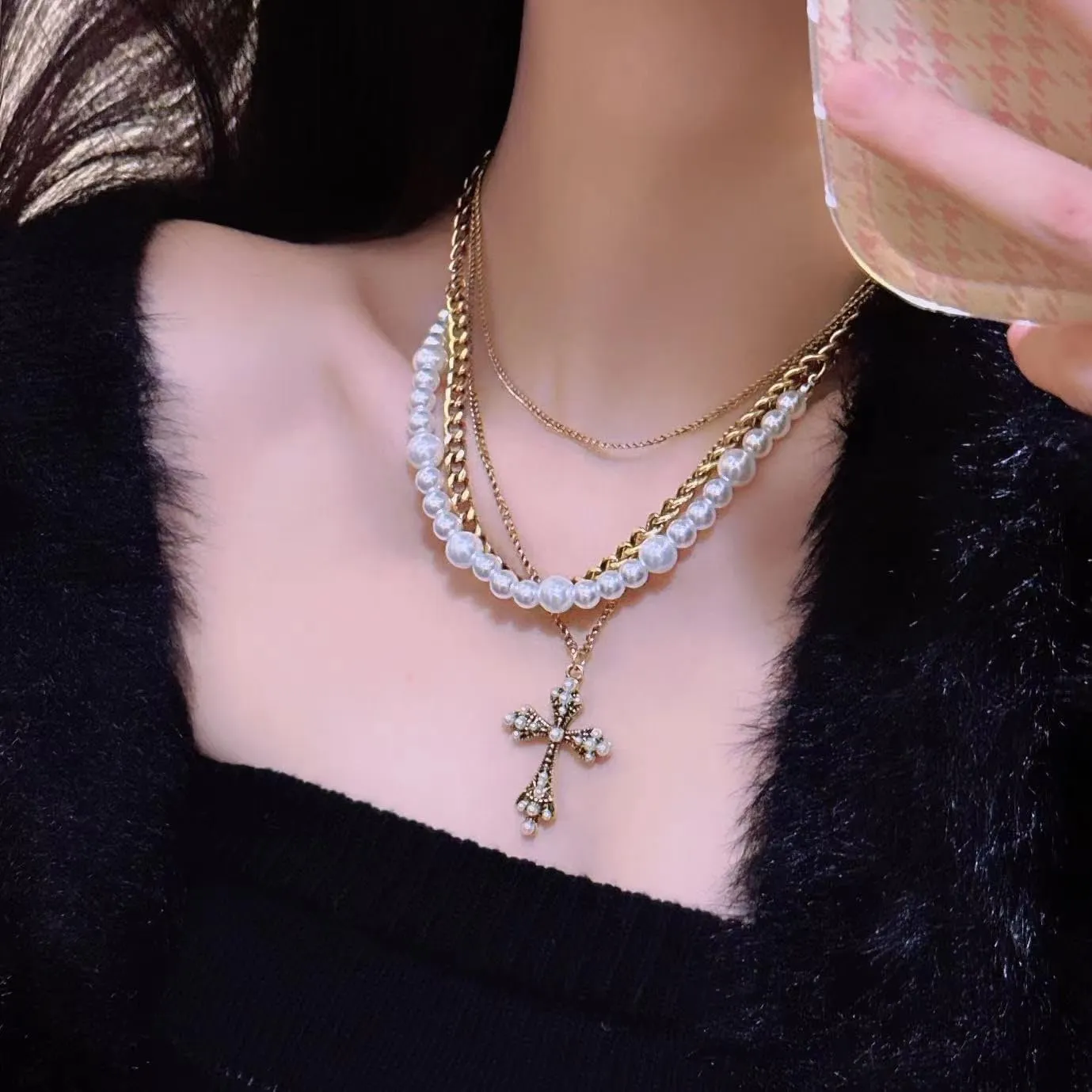 14K Gold Plated Cross Necklace Layering Necklaces, Silver pearl Cross Pendant Choker Necklaces for Women