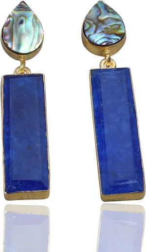 18K Gold Plated Abalone Shell And Blue Aventurine Long Dangle Earrings