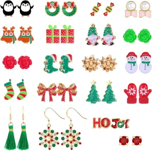 20/24 Pairs Christmas Earrings Set for Women Teen Girls Bow Snowflake Christmas Tree Candy Ribbon Penguin Gnome Snowman Stud Earrings Christmas Holiday Jewelry Hypoallergenic Xmas Earrings Bulk