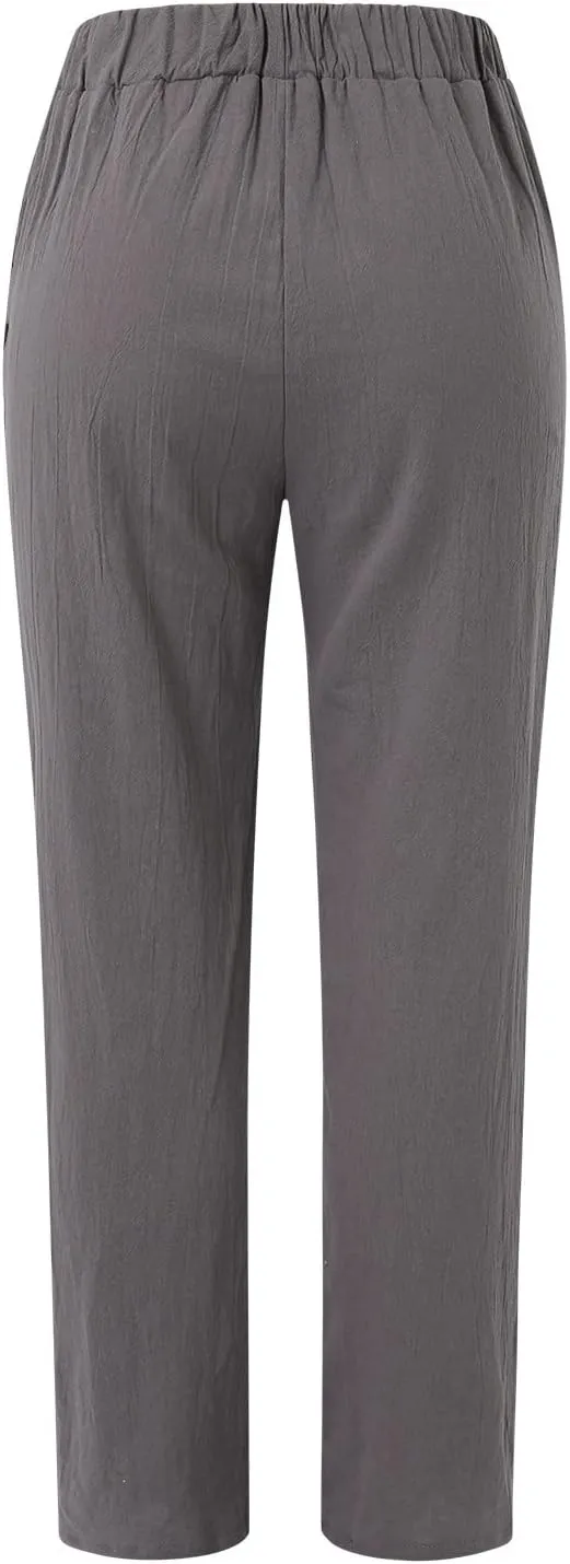 2024 Womens Wide Leg Cropped Pants Cotton Linen Summer Beach Pants Trendy Casual Capri Yoga Pants Breathable Palazzo Pants