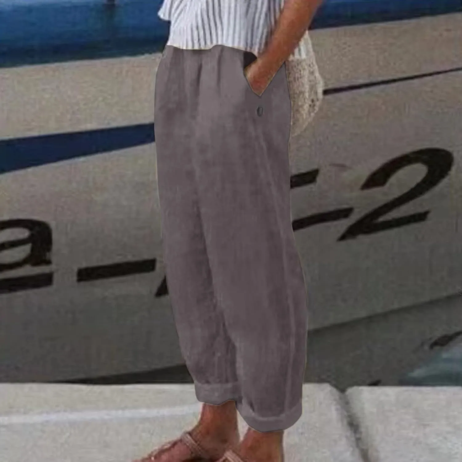 2024 Womens Wide Leg Cropped Pants Cotton Linen Summer Beach Pants Trendy Casual Capri Yoga Pants Breathable Palazzo Pants