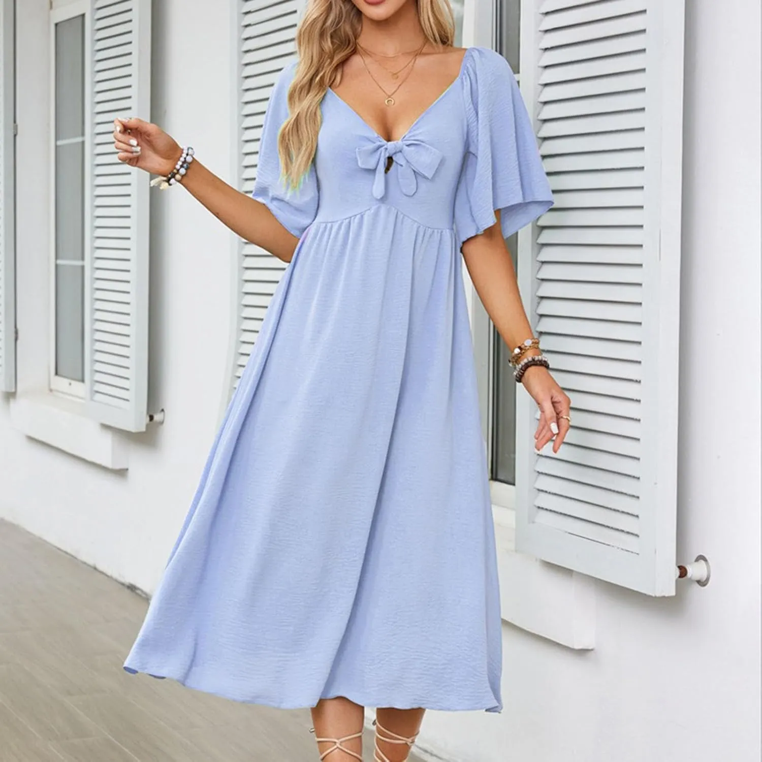 2025 Summer Dress for Women Casual Short Sleeve Bow Tie V Neck Ruffle Midi Flowy Smocked Boho Dresses Beach Sundress