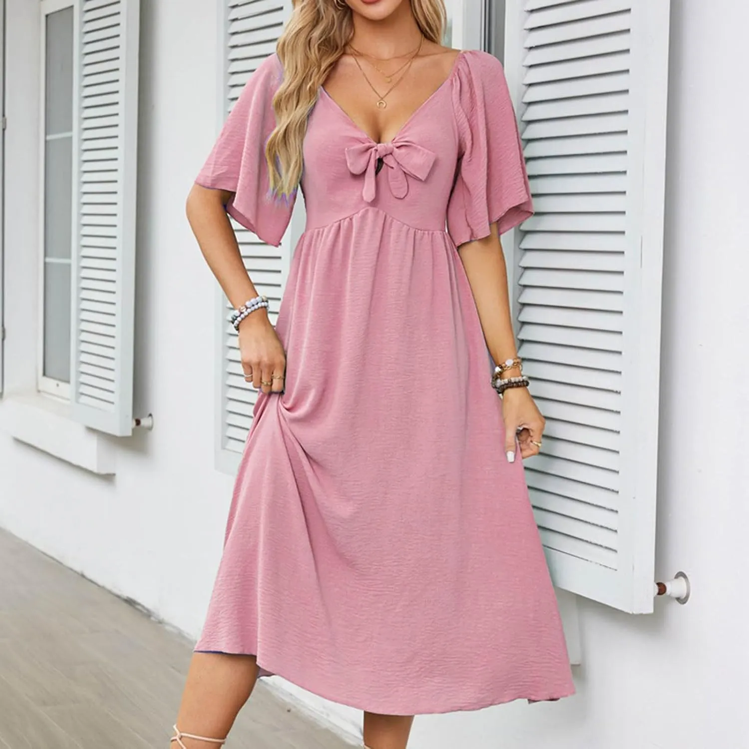 2025 Summer Dress for Women Casual Short Sleeve Bow Tie V Neck Ruffle Midi Flowy Smocked Boho Dresses Beach Sundress