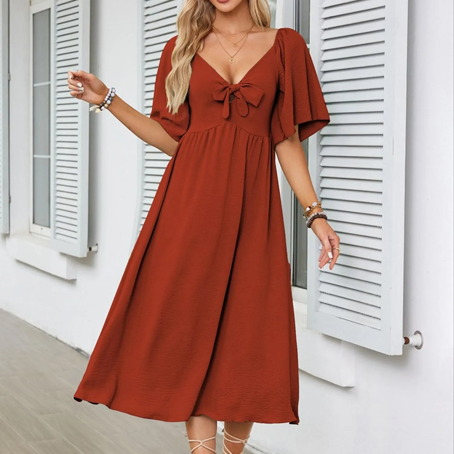 2025 Summer Dress for Women Casual Short Sleeve Bow Tie V Neck Ruffle Midi Flowy Smocked Boho Dresses Beach Sundress