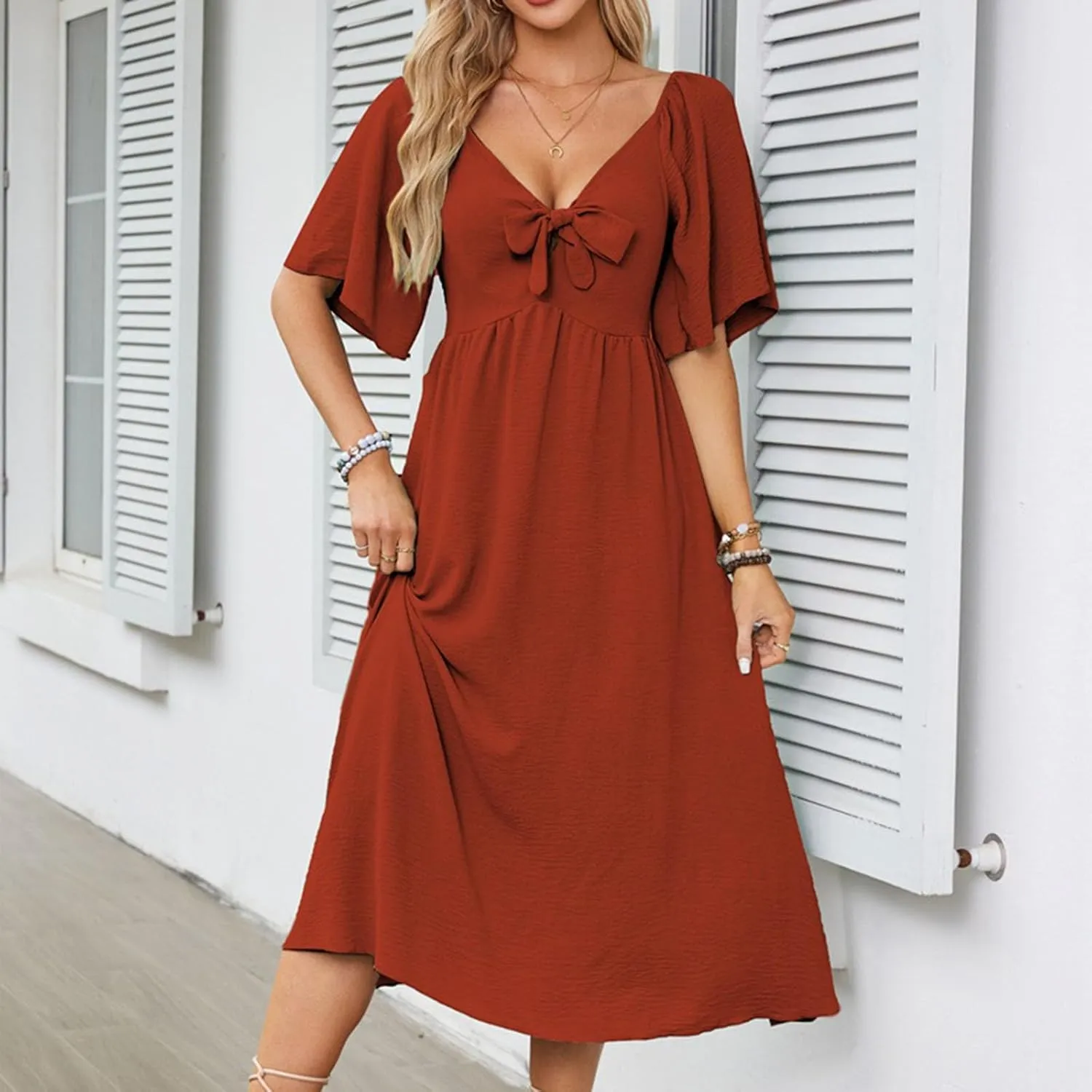 2025 Summer Dress for Women Casual Short Sleeve Bow Tie V Neck Ruffle Midi Flowy Smocked Boho Dresses Beach Sundress