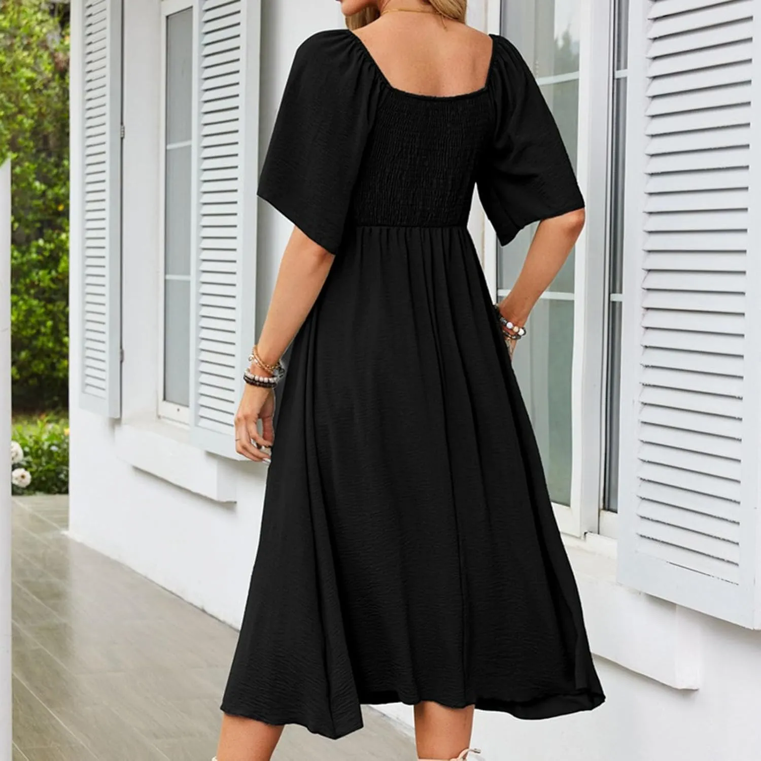 2025 Summer Dress for Women Casual Short Sleeve Bow Tie V Neck Ruffle Midi Flowy Smocked Boho Dresses Beach Sundress