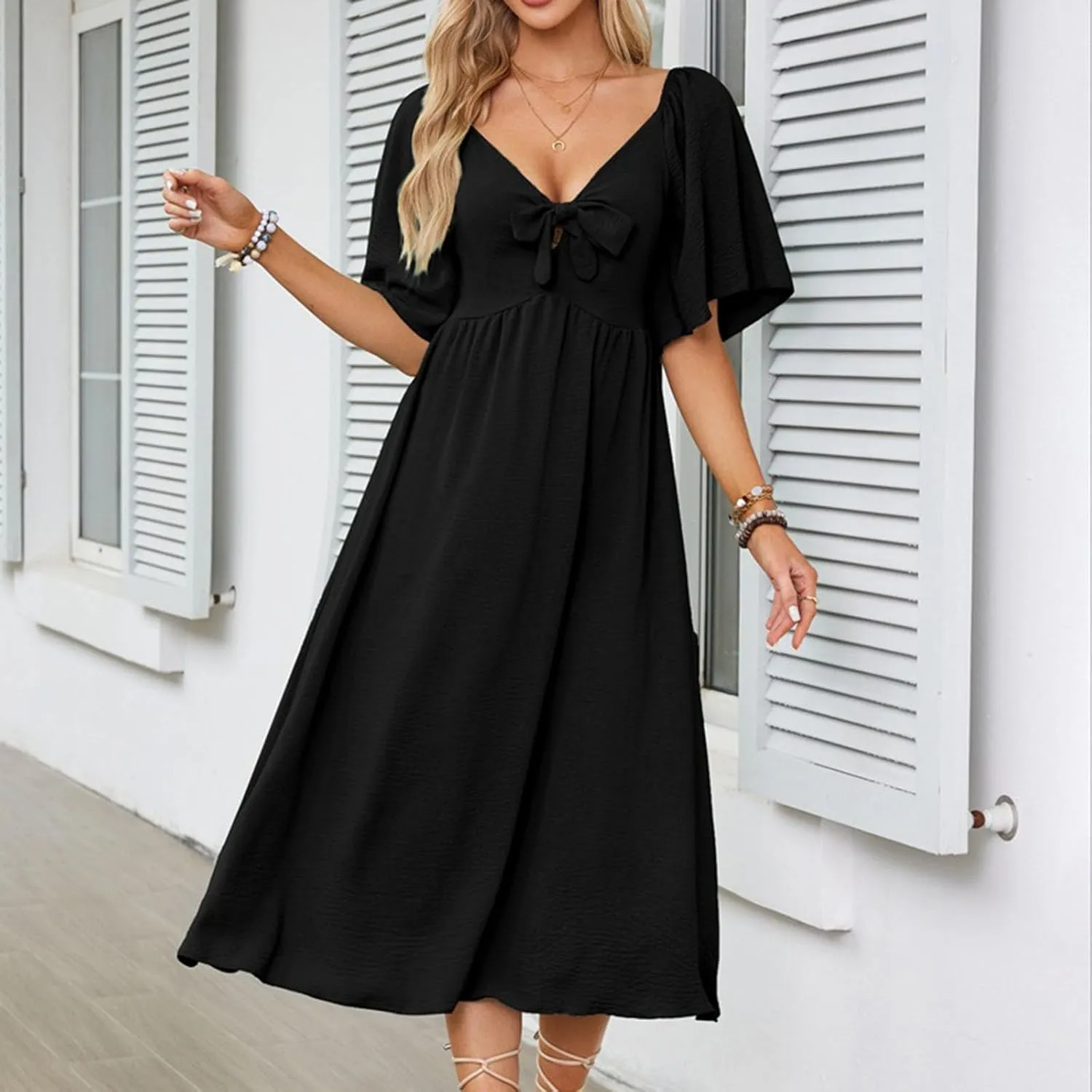 2025 Summer Dress for Women Casual Short Sleeve Bow Tie V Neck Ruffle Midi Flowy Smocked Boho Dresses Beach Sundress