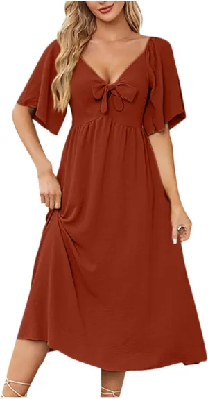 2025 Summer Dress for Women Casual Short Sleeve Bow Tie V Neck Ruffle Midi Flowy Smocked Boho Dresses Beach Sundress