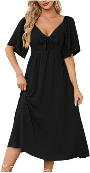 2025 Summer Dress for Women Casual Short Sleeve Bow Tie V Neck Ruffle Midi Flowy Smocked Boho Dresses Beach Sundress