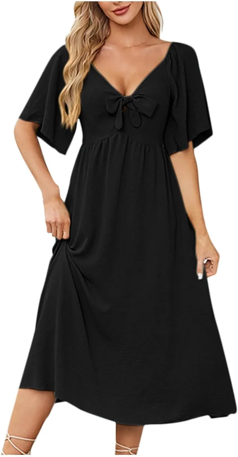 2025 Summer Dress for Women Casual Short Sleeve Bow Tie V Neck Ruffle Midi Flowy Smocked Boho Dresses Beach Sundress