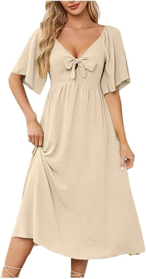 2025 Summer Dress for Women Casual Short Sleeve Bow Tie V Neck Ruffle Midi Flowy Smocked Boho Dresses Beach Sundress