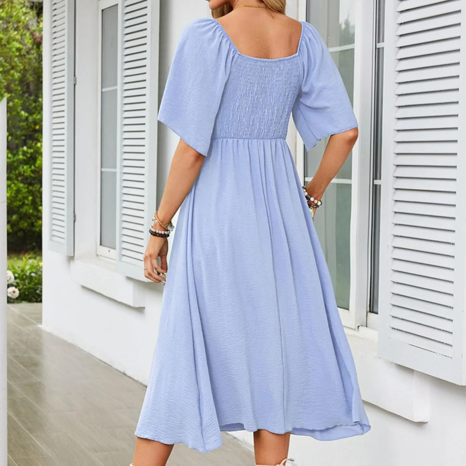 2025 Summer Dress for Women Casual Short Sleeve Bow Tie V Neck Ruffle Midi Flowy Smocked Boho Dresses Beach Sundress
