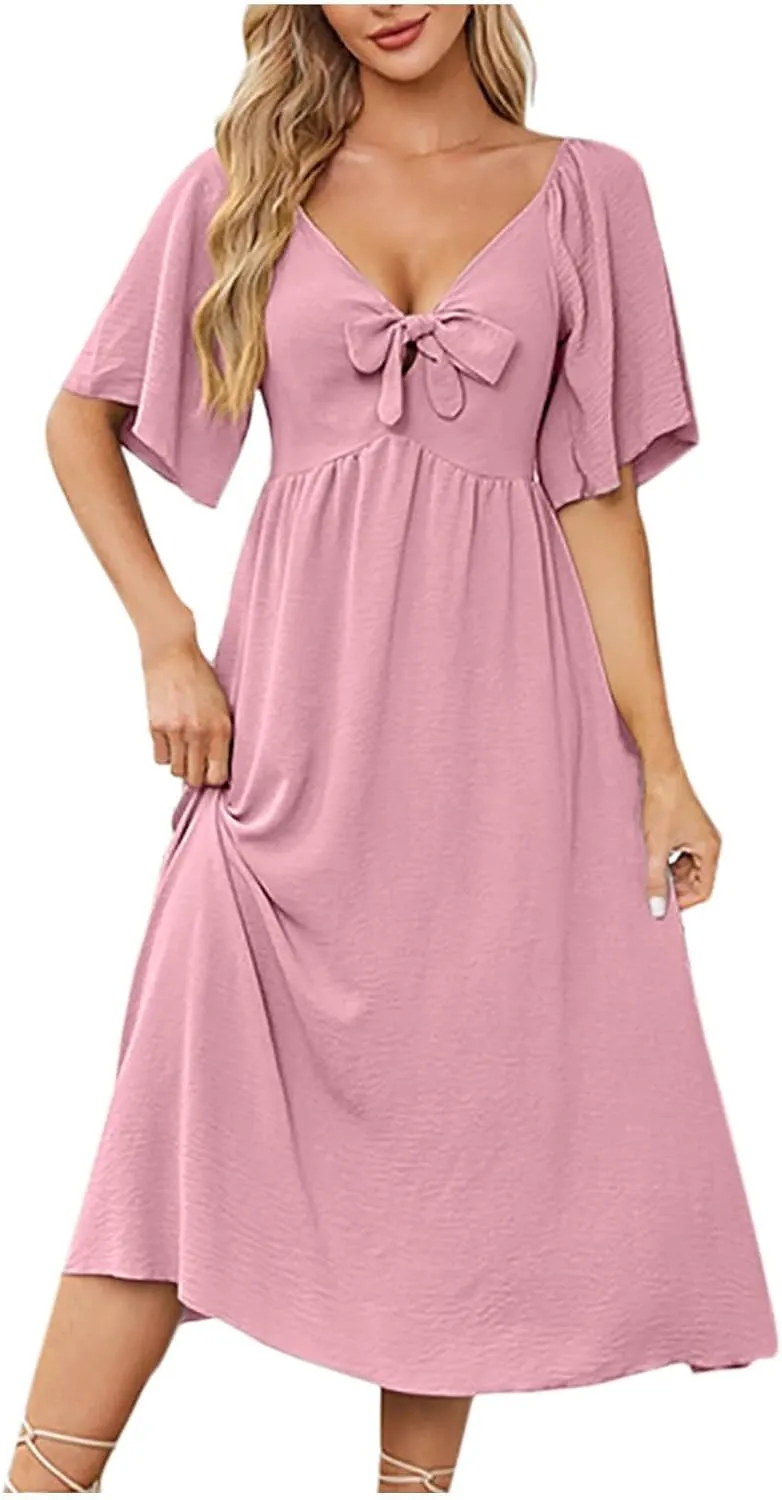 2025 Summer Dress for Women Casual Short Sleeve Bow Tie V Neck Ruffle Midi Flowy Smocked Boho Dresses Beach Sundress