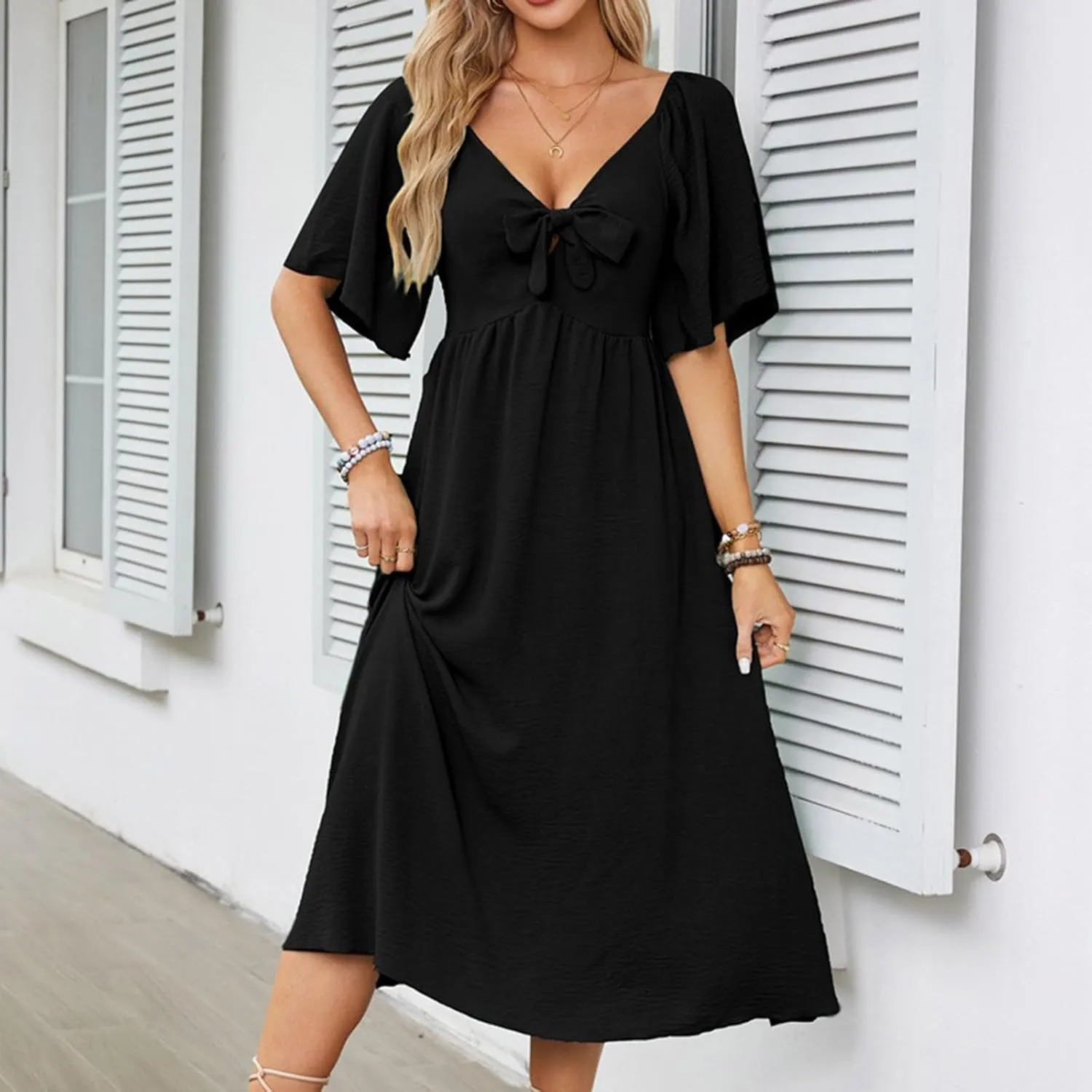 2025 Summer Dress for Women Casual Short Sleeve Bow Tie V Neck Ruffle Midi Flowy Smocked Boho Dresses Beach Sundress