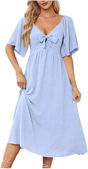 2025 Summer Dress for Women Casual Short Sleeve Bow Tie V Neck Ruffle Midi Flowy Smocked Boho Dresses Beach Sundress