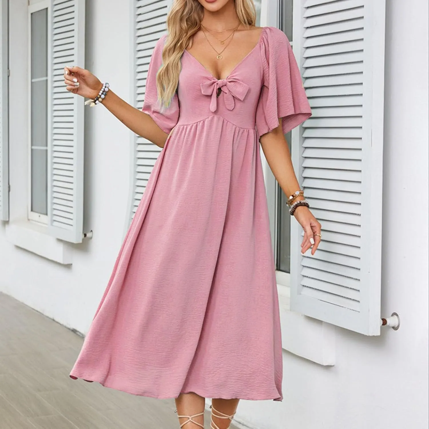2025 Summer Dress for Women Casual Short Sleeve Bow Tie V Neck Ruffle Midi Flowy Smocked Boho Dresses Beach Sundress