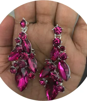 2.7" Long Hot Pink Fuchsia Dangle Pageant Rhinestone Crystal Silver Earrings