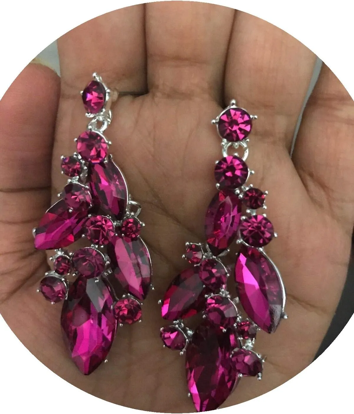 2.7" Long Hot Pink Fuchsia Dangle Pageant Rhinestone Crystal Silver Earrings