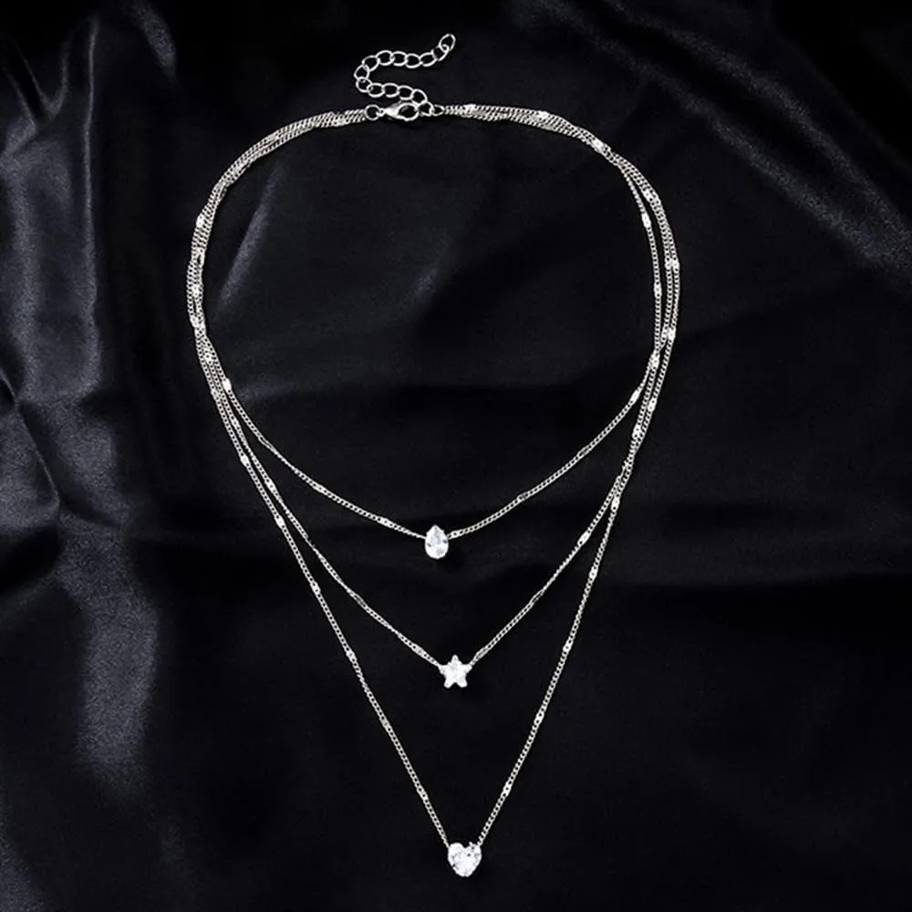 3 Tier Women Boho Layered Silver Necklaces Gold Silver Dainty Rhinestones Star Layered Choker Necklaces Fashion Love Pendant Multilayer Adjustable Layering Chain Necklaces for Women