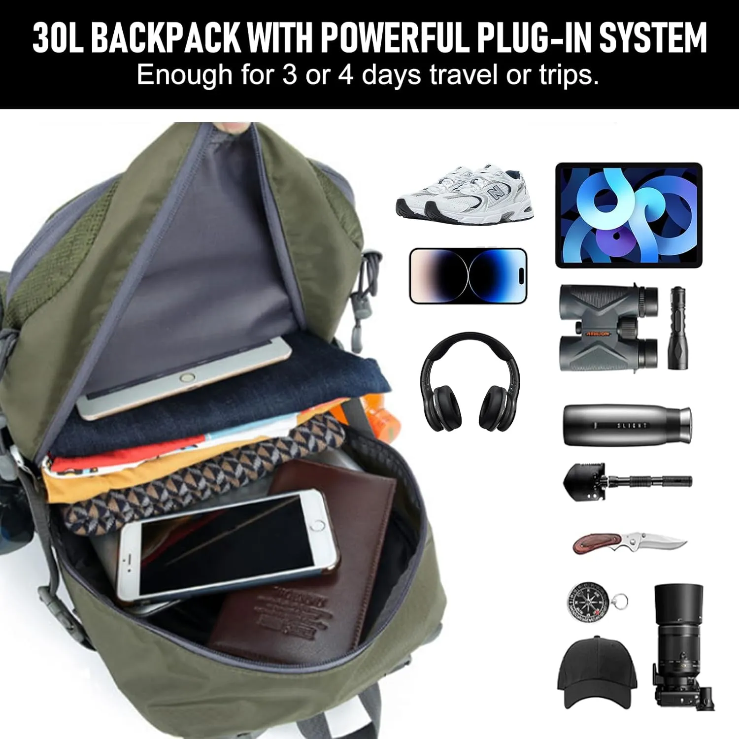 30L Hiking Backpack, Waterproof Outdoor Bag, Travel Camping Men'S And Women'S Sports Backpack (Black)