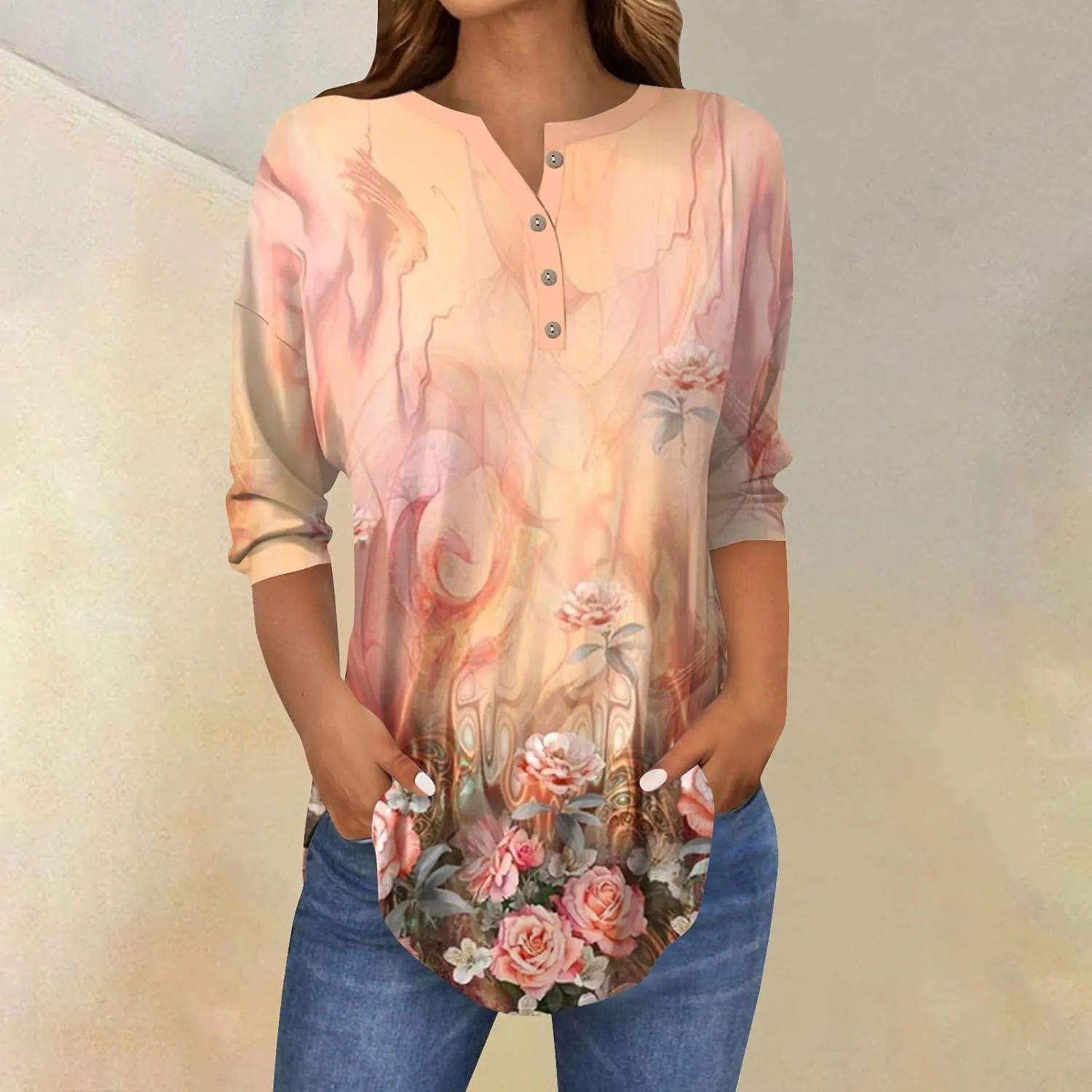 3/4 Length Sleeve Henley Shirts For Women Henley Spring Button Down Tops Baggy V Neck Blouses