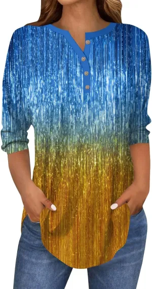 3/4 Length Sleeve Henley Shirts For Women Henley Spring Button Down Tops Baggy V Neck Blouses
