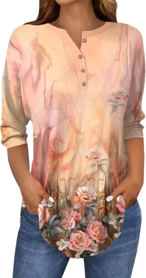 3/4 Length Sleeve Henley Shirts For Women Henley Spring Button Down Tops Baggy V Neck Blouses