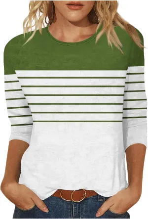 3/4 Length Sleeve Womens Tops Summer Three Quarter Striped Shirts Plus Size Trendy Casual Loose Fit Soft Blouse Tees