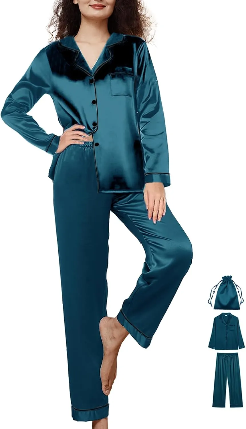 3Pcs Womens Silk Pajamas Set XS-3XL Satin Pajama Sets Silky Pjs Set Long Sleepwear Pj Sets Loungewear Nightwear