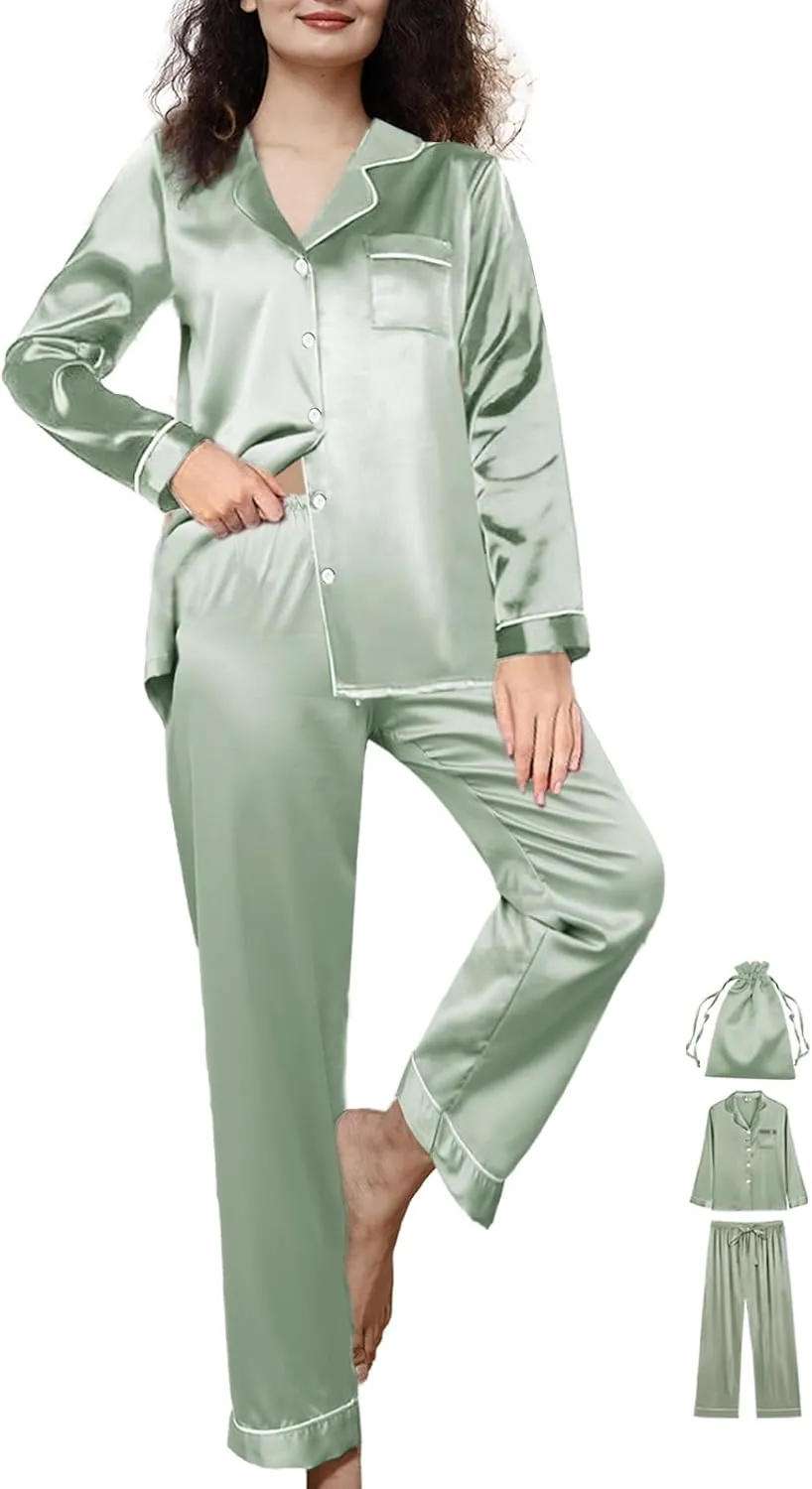 3Pcs Womens Silk Pajamas Set XS-3XL Satin Pajama Sets Silky Pjs Set Long Sleepwear Pj Sets Loungewear Nightwear