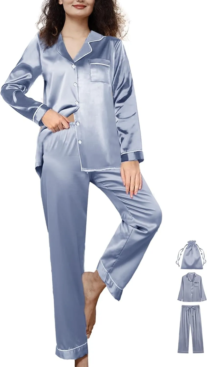 3Pcs Womens Silk Pajamas Set XS-3XL Satin Pajama Sets Silky Pjs Set Long Sleepwear Pj Sets Loungewear Nightwear
