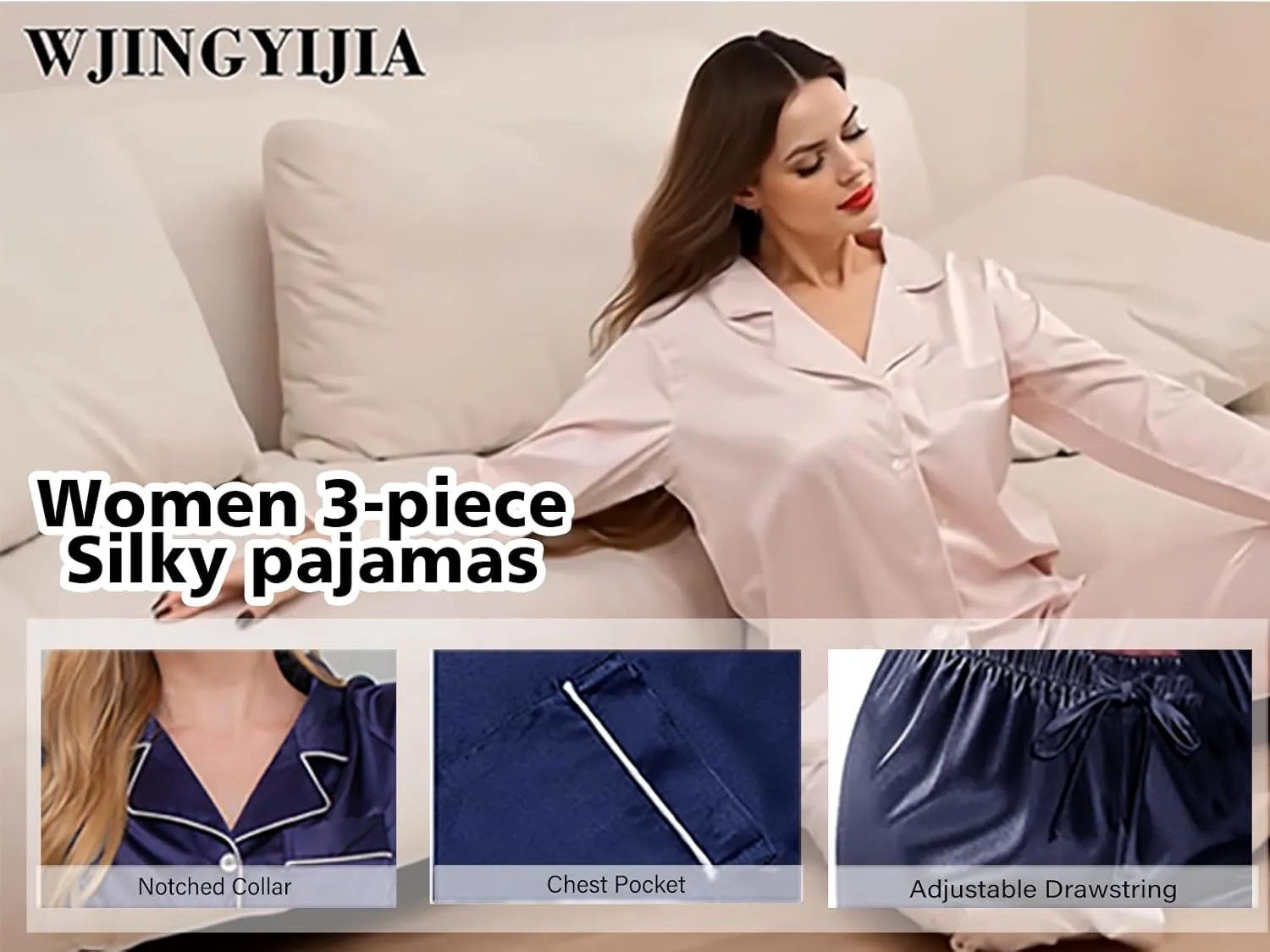 3Pcs Womens Silk Pajamas Set XS-3XL Satin Pajama Sets Silky Pjs Set Long Sleepwear Pj Sets Loungewear Nightwear