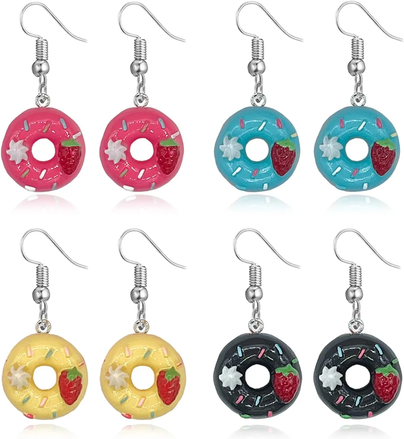 4 Pairs Resin Food Sweet Donut Dangle Earrings Set For Women Men Statement Jewellery