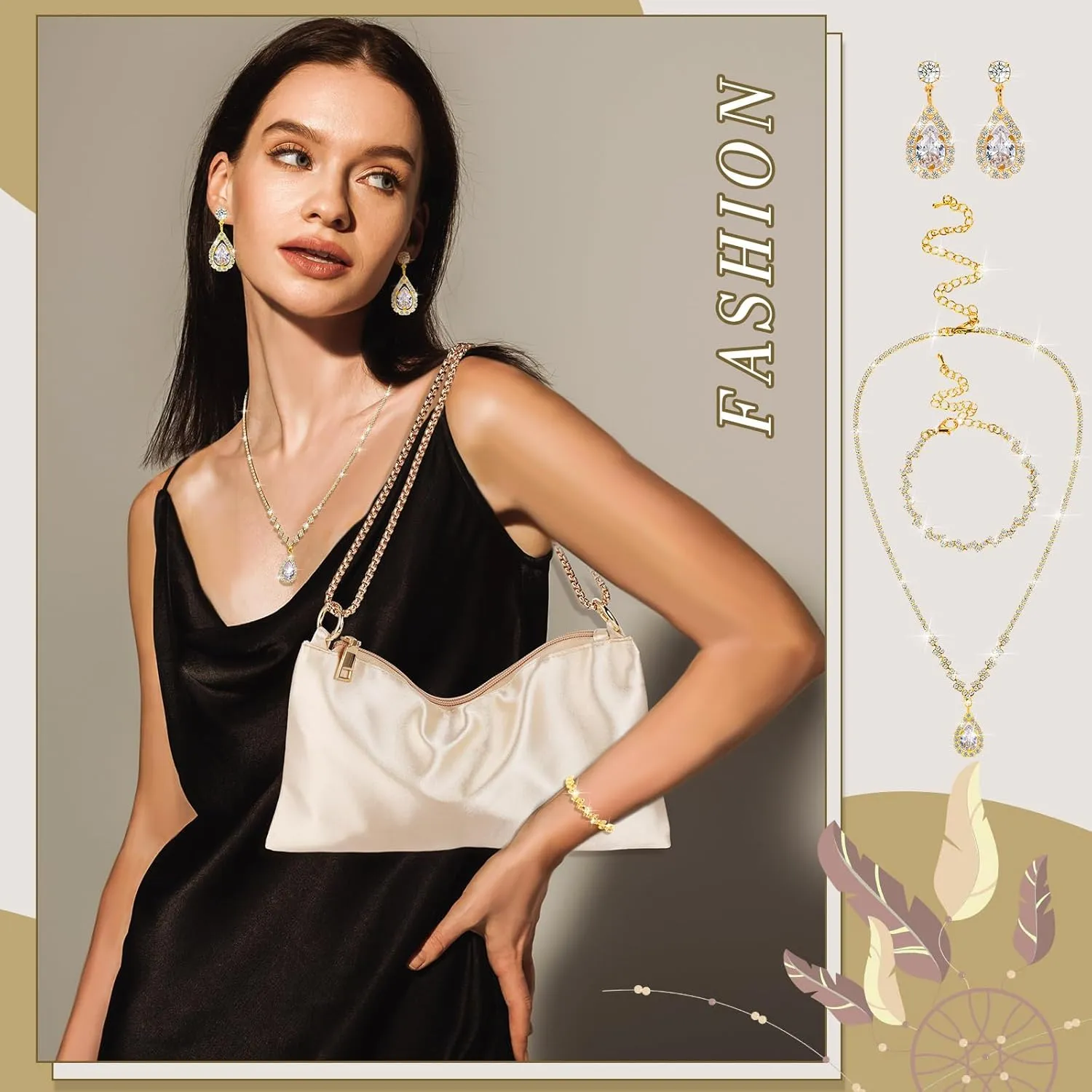 4 Pcs Satin Purse Jewelry Sets Woman Evening Handbag Wedding Shoulder Bag Purse for Prom Formal Cocktail Wedding Bride