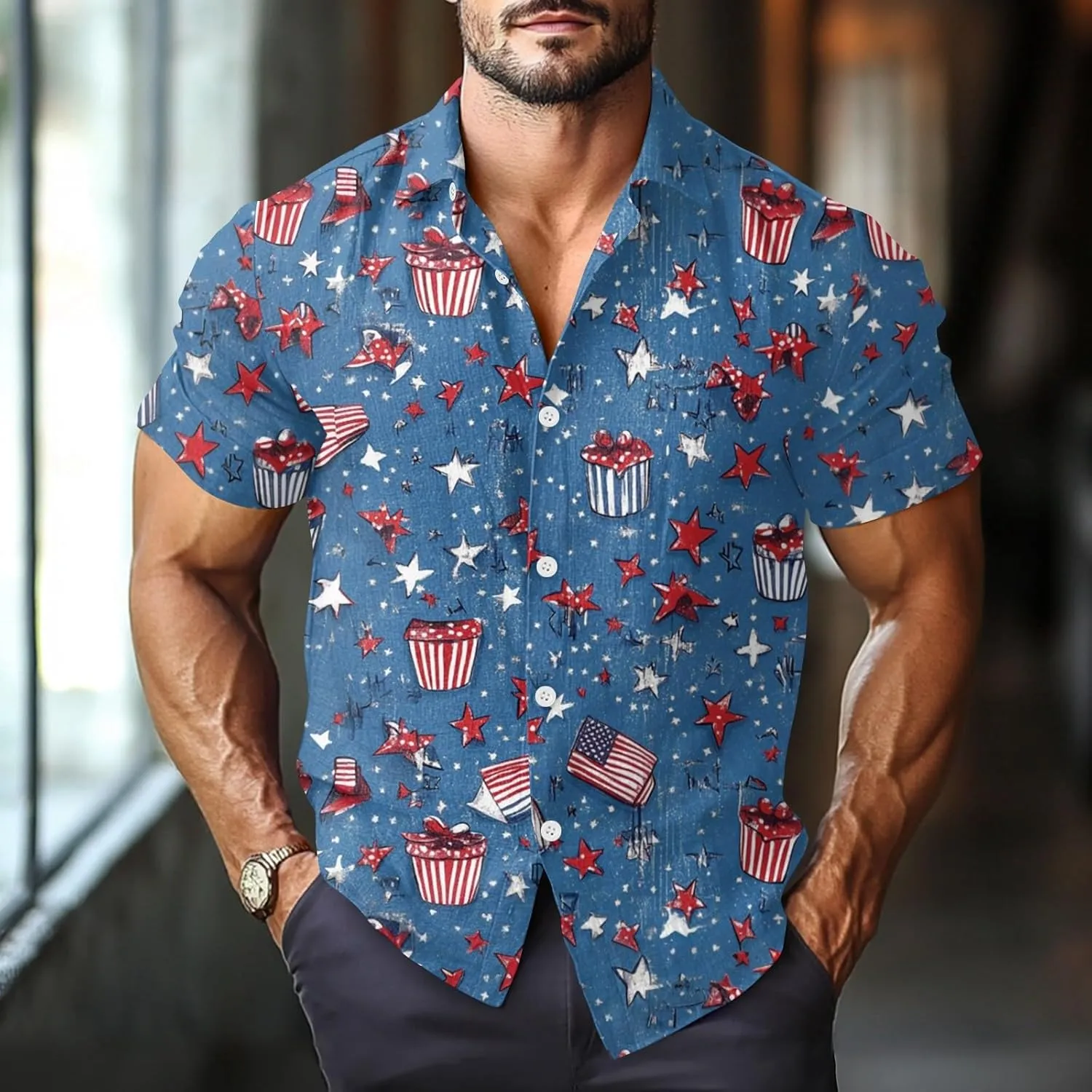 4Th of July Shirts for Men Patriotic Independence Day Short Sleeve Shirts Red White and Blue American Flag Outfits