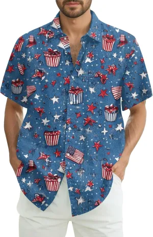 4Th of July Shirts for Men Patriotic Independence Day Short Sleeve Shirts Red White and Blue American Flag Outfits