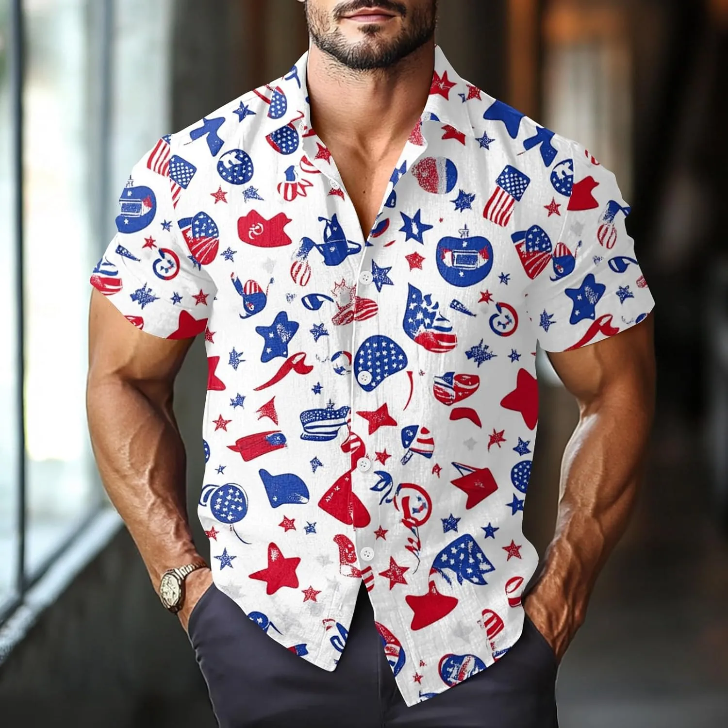 4Th of July Shirts for Men Patriotic Independence Day Short Sleeve Shirts Red White and Blue American Flag Outfits