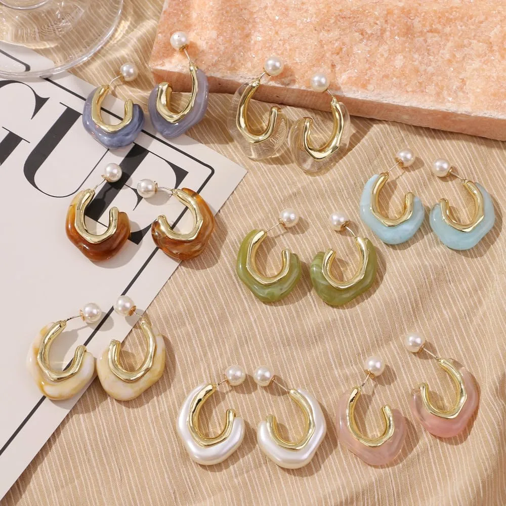 Acrylic Hoop Earrings Geometric Resin Minimalist Statement Clear Gold Chunky Pearl Hoops Earrings for Women