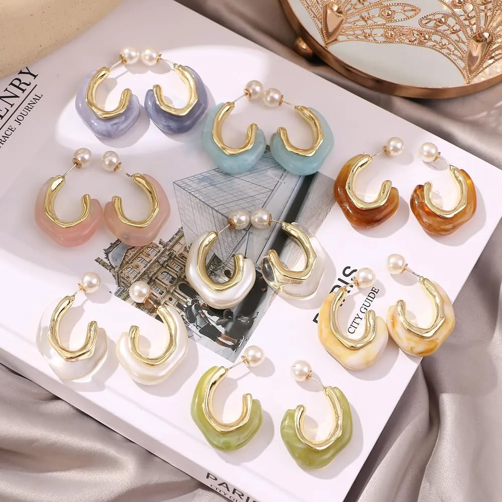 Acrylic Hoop Earrings Geometric Resin Minimalist Statement Clear Gold Chunky Pearl Hoops Earrings for Women