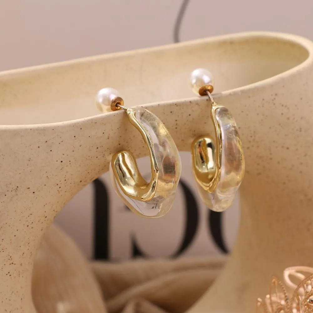Acrylic Hoop Earrings Geometric Resin Minimalist Statement Clear Gold Chunky Pearl Hoops Earrings for Women