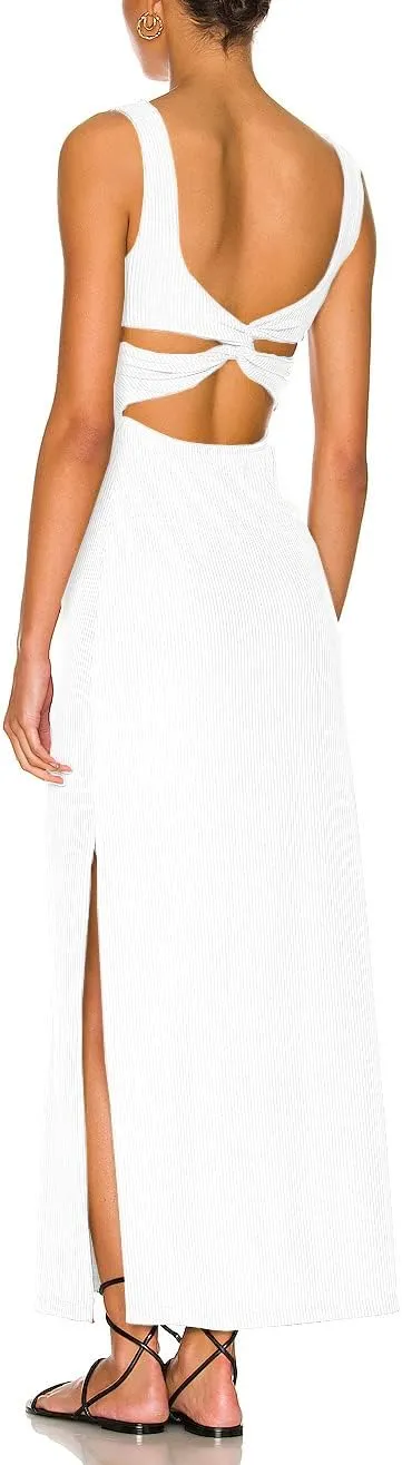 ALENDA DANMOS Women's Elegant Backless Maxi Dress Sexy High Sides Slit Tank Dress Twist Back Casual Sundress 72122