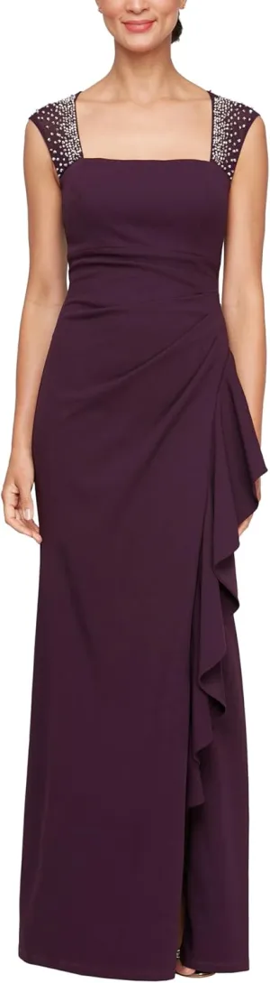 Alex Evenings Women's Long Cascade Ruffle Sleeveless Leg Slit, Mother of The Bride Dress, Elegant Party Gown