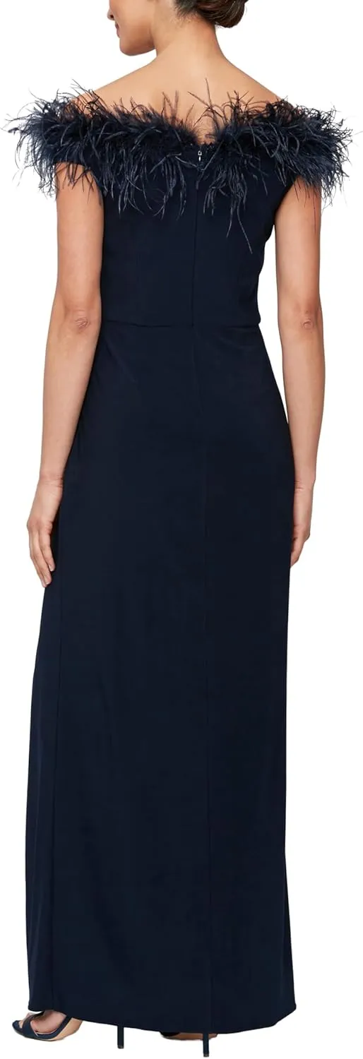 Alex Evenings Women's Long Length Off The Shoulder Gown with Front Slit and Maribou Detail Neckline, Formal Party Dress