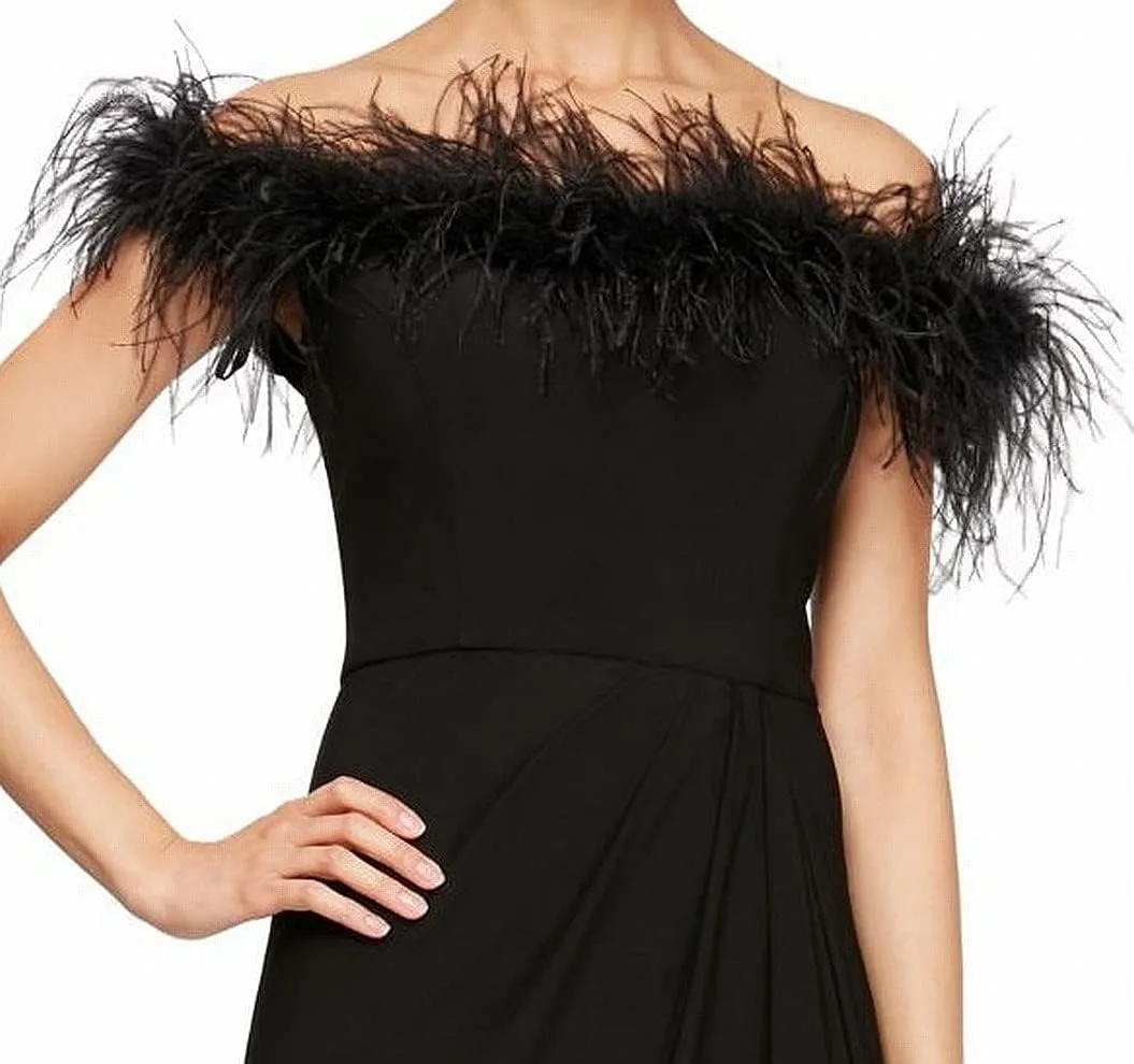 Alex Evenings Women's Long Length Off The Shoulder Gown with Front Slit and Maribou Detail Neckline, Formal Party Dress