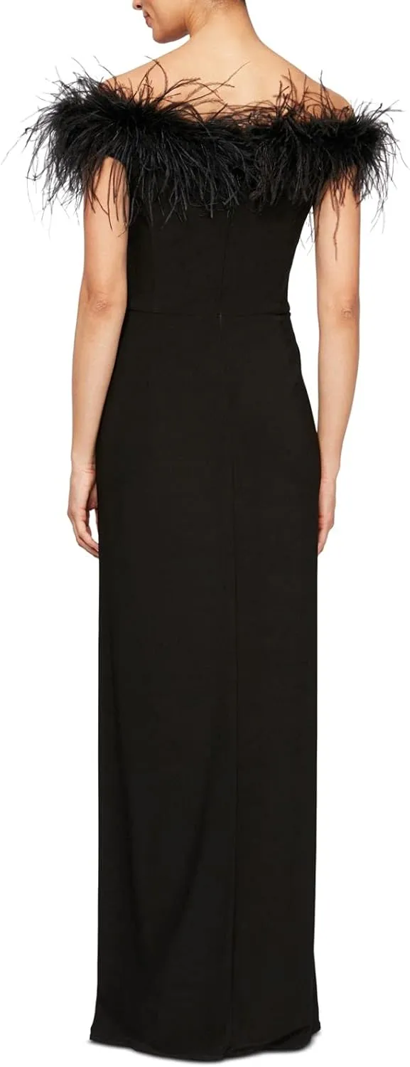 Alex Evenings Women's Long Length Off The Shoulder Gown with Front Slit and Maribou Detail Neckline, Formal Party Dress