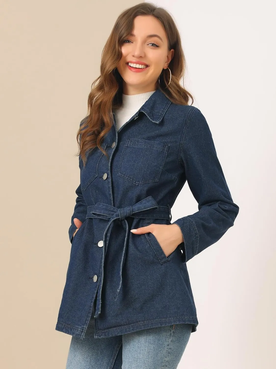 Allegra K Women's Casual Jean Jackets Long Sleeves Tie Waist Button Down Denim Jacket